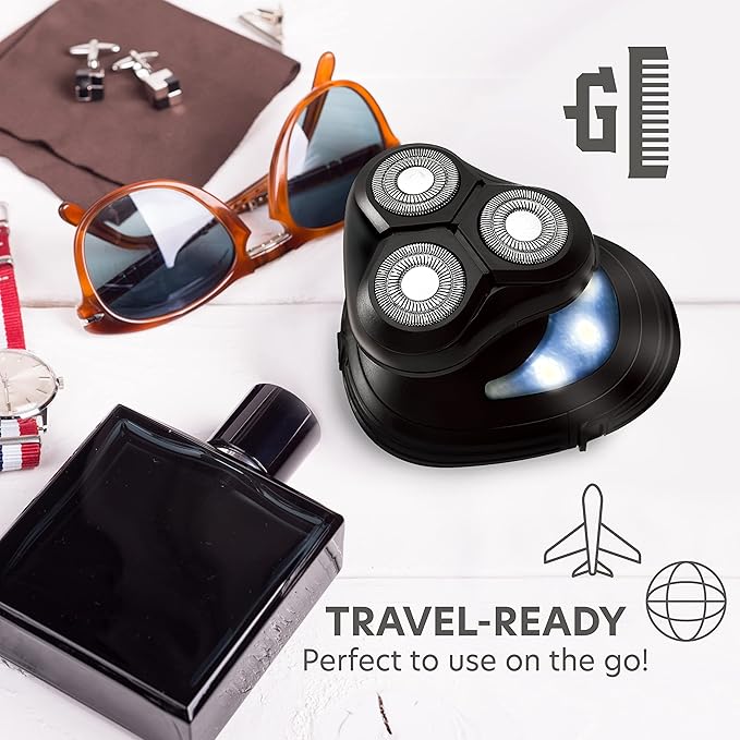 ChargeWorx Groom Essentials 3D Rotary Shaver, Portable Cordless Face-and-Head Shaver with 3 Rotating Blade Heads, LED Guide Light, and Ergonomic Handle