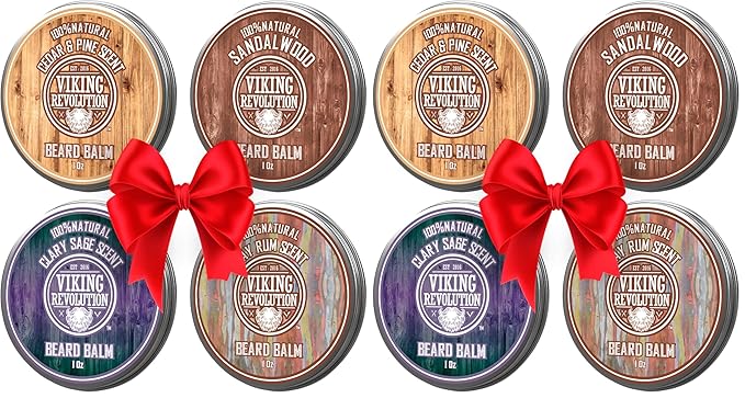 Viking Revolution 4 Beard Balm Variety Pack (1oz Each) - Sandalwood, Pine & Cedar, Bay Rum, Clary Sage - Styles, Strengthens and Softens Beards and Mustaches - Wax for Men (Pack of 2)