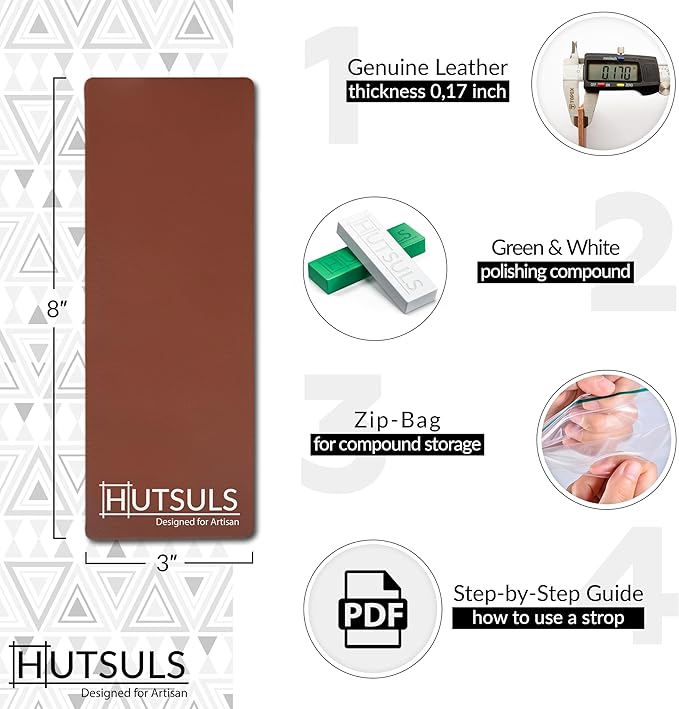 Hutsuls Knife Stropping Leather for Sharpening - Get Razor-Sharp Edges with Leather Strop for Knife Sharpening Easy to Use Leather Sharpening Strop with Green & White Strop Compound Step-by-Step Guide