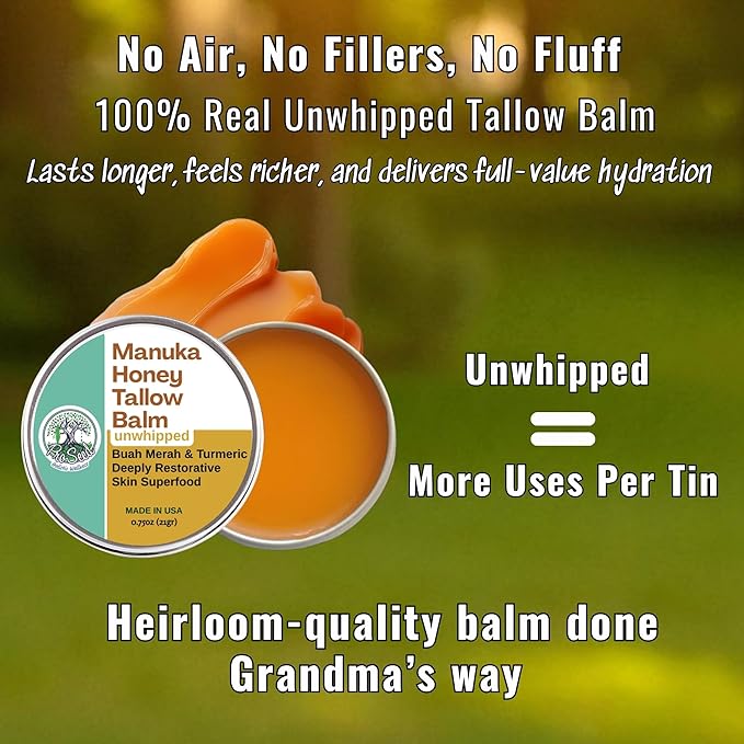 ProSeed Manuka Honey Unwhipped Tallow Balm – Handmade Grass-Fed Beef Moisturizer with Frankincense, Vitamin E, Castor, Buah Merah & Turmeric – Face & Body Cream for Men, Women & Kids – Travel Size