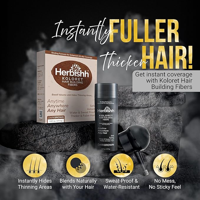 Herbishh Koloret Hair Building Fibers – Dark Brown Root Touch up Powder for Men & Women, Instant Bald Spot Cover-Up & Scalp Concealer – Sweat-Proof & Water-Resistant Fibers for Thinning Hair, 27.5g