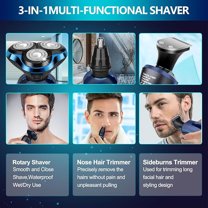 Electric Razor for Men, Electric Shavers for Men Face, Rechargeable 3D Rotary for Shaving with Nose Trimmer Face Cleaning Brush Head Shavers, Waterproof Gifts for Husband,Dad,Boyfriend(Frosted Blue)