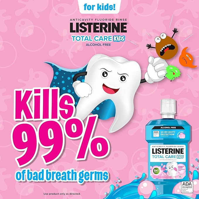 Listerine Total Care Kids Mouthwash, ADA Accepted, Alcohol-Free Anticavity Fluoride Mouthwash, Children's Mouthwash for Cavity Protection and Fresh Breath, Bubblegum Flavor, 500 mL, Pack of 3