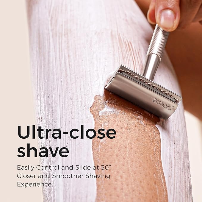 ZOMCHI Double Edge Safety Razor Kit for Men & Women, Reusable Metal Razor with Stand and 10 Blades, Eco-Friendly Plastic-Free Shaving - Matte Silver