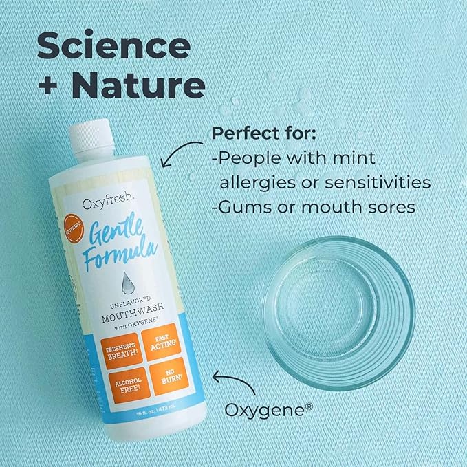 Oxyfresh Gentle Formula Unflavored Mouthwash for Adults – Ultra Sensitive Gums & Teeth – Non Mint, Zero Alcohol, Flavor Free – Fresh Breath. 16 oz (Pack of 2)