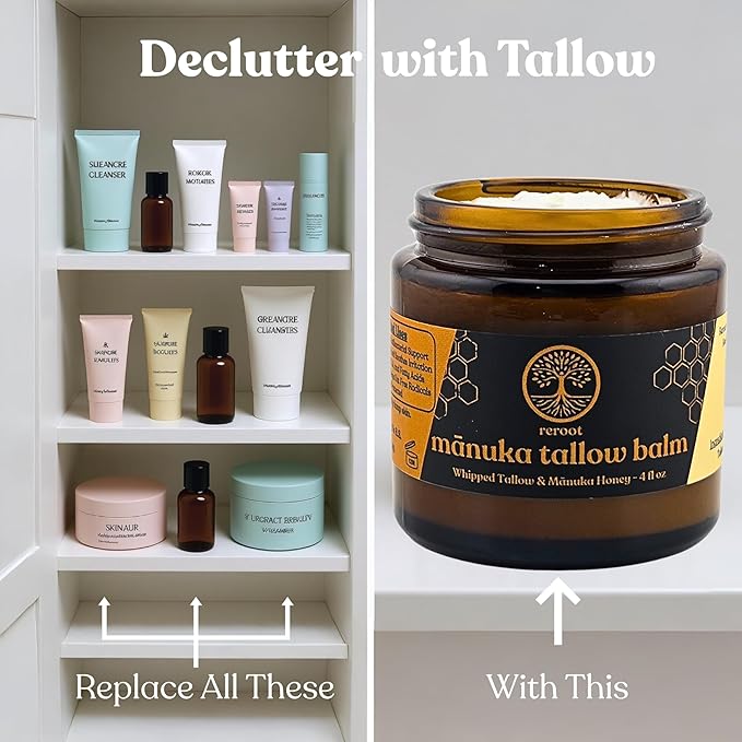 Manuka Honey Beef Tallow for Skin ~2 INGREDIENTS~ 100% Grass-Fed Tallow and Honey Balm - Whipped & UNSCENTED Tallow Face Moisturizer - Hydrating Tallow Balm for Men, Women, Kids & Babies (4oz)