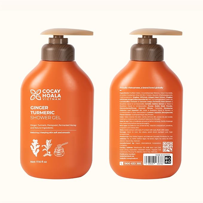 VIETNAM Turmeric Exfoliating Body Wash for Women & Men, Gentle Ginger Body Wash for Sensitive Skin, Moisturizing Shower Gel, Paraben & Silicone Free (17.64 oz) COCAY HOALA