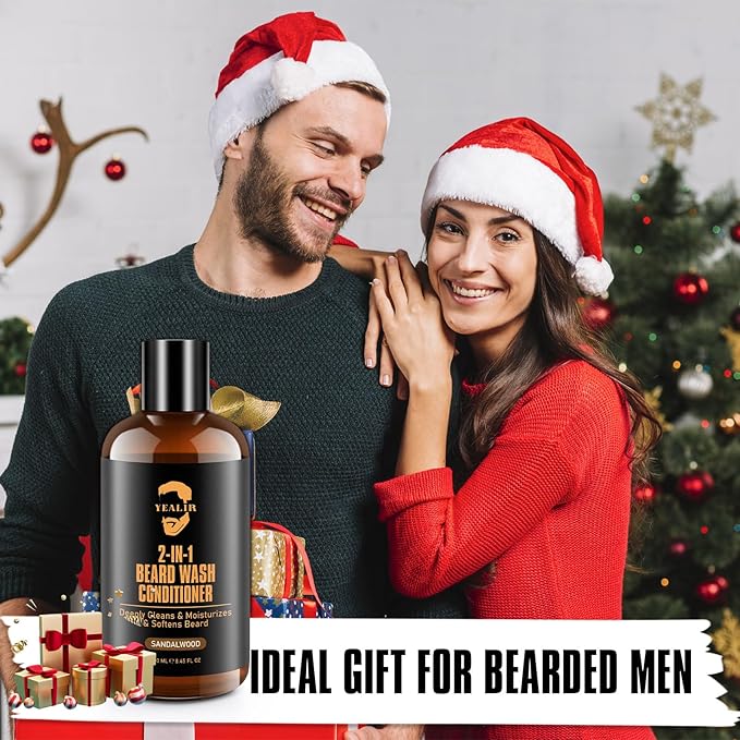 YEALIR 2-in-1 Beard Wash and Conditioner – Cleanse, Hydrate & Soften Dry, Coarse Beard, Beard Shampoo for a Fuller & Healthier Beard –Sandalwood Scent, 8.45 oz