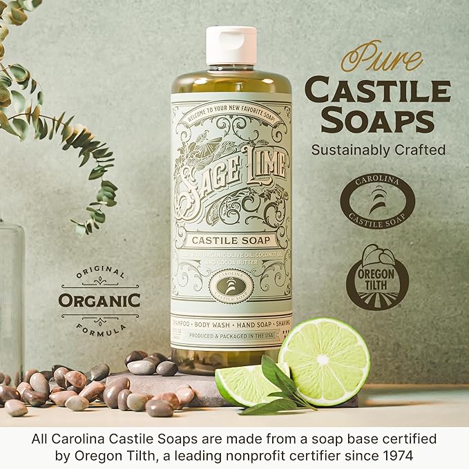 Sage Lime Liquid Castile Soap – Vegan Organic & Body Wash, High Olive Oil Content, Non-Drying Formula, Great for Sensitive Skin by Carolina Castile (Sage Lime, 32 Fl Oz)