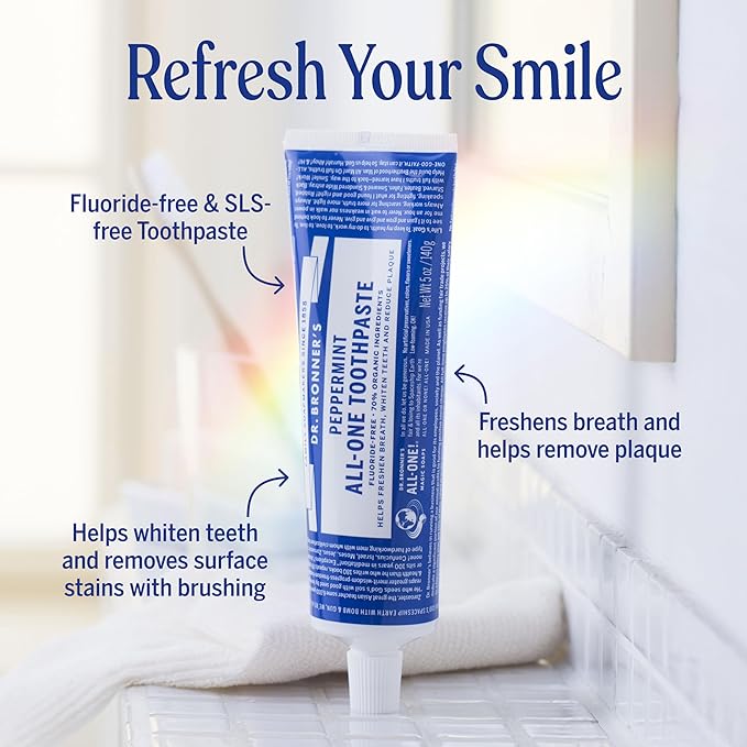 Dr. Bronner’s All-One Toothpaste – Peppermint, 5 oz, 1-Pack – Fluoride-Free Toothpaste for Adults, SLS-Free, 70% Organic & Natural Ingredients, Vegan, Helps Freshen Breath, Reduce Plaque, Whiten Teeth