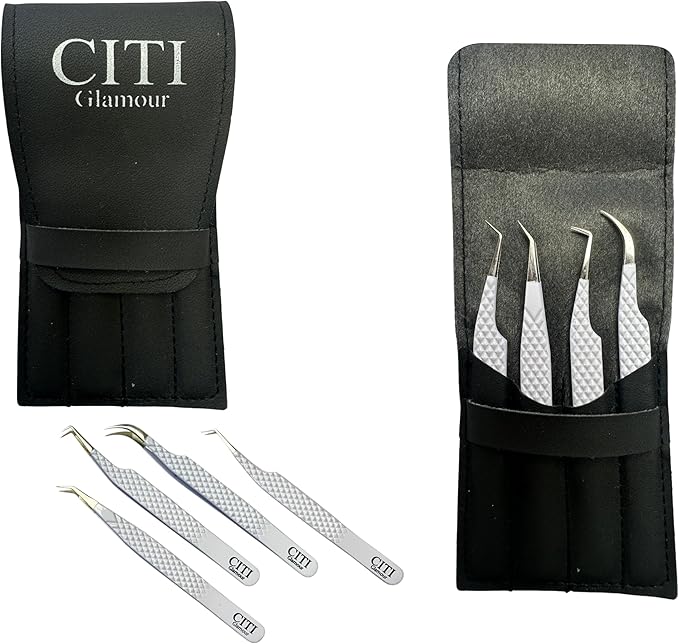 Lash Tweezers For Eyelash Extension set of 4 with Diamond Grip and Precise Fiber Tip For Volume,Mega Volume And Classic Lashes,Ideal for Lash Artist and at home use