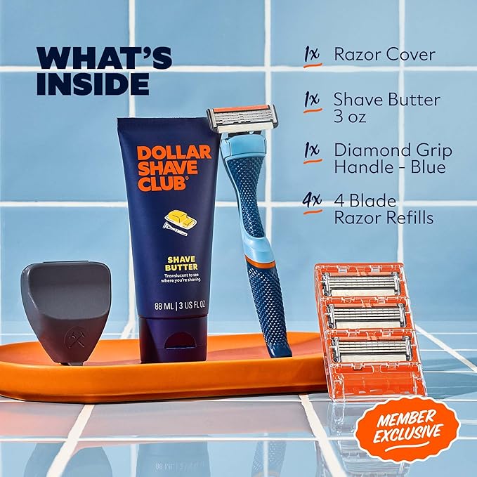 Dollar Shave Club | The Member Exclusive Shave Set | 4 Swift Rinse Refill Cartridges, 1 Handle (Blue), 1 Shave Butter 3 ounce, 1 Razor Cover, Razors for Men