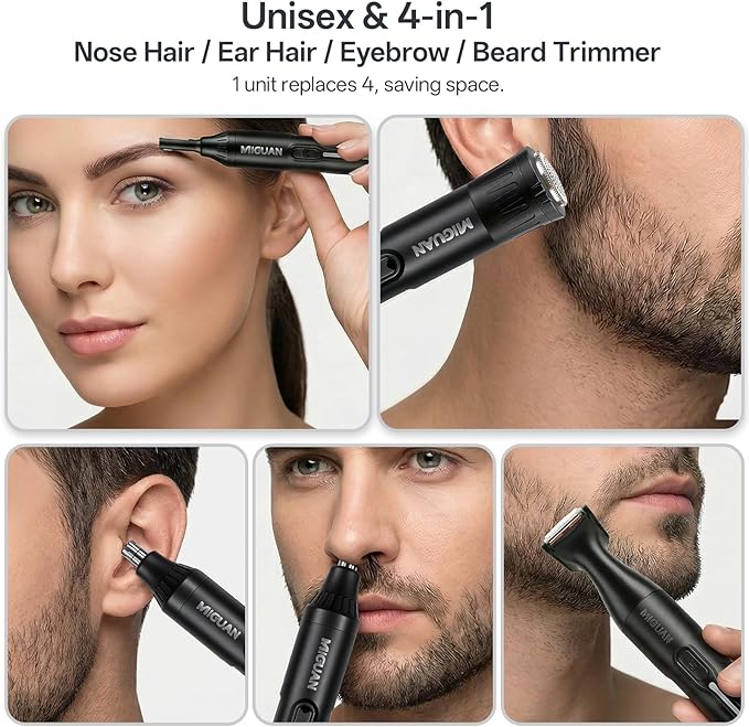 Rechargeable Nose Hair Trimmer - 4-in-1 Ear Eyebrow Beard Grooming Kit for Men & Women, Waterproof Quiet Motor, Type-C Fast Charging, Portable Travel Size Nose Trimmer Beard Trimmer (Black)