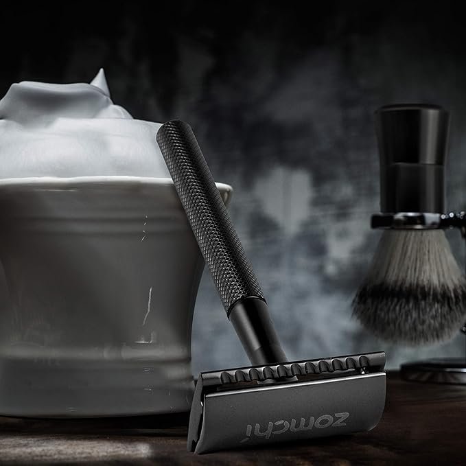 ZOMCHI Safety Razor for Men with 5 Double Edge Safety Razor Blades, One Blade Safety Razor, Metal Razor Zero Waste – Black