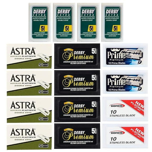 Double Edge Safety Razor Blades Sampler Pack for Men-Includes 3 Top Global Brands: Dorco Astra Derby-Comfortable Shaving –Fits All Double Edge Safety Razors (100)