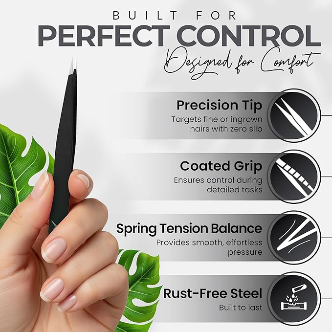 Pointer Stainless Steel Tweezers Women & Men Precision Eyebrow Tweezers for Facial Hair, Fine Tip Strong Grip Professional Tweezer for Eyebrow Shaping, Ingrown Hair & Splinter Removal (Matt Black)