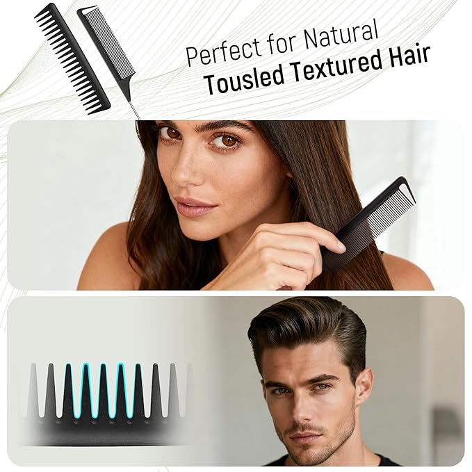 SALONSILK Hair Brush Comb Set, 5PCS Women Men Hair Brush & Styling Comb Set, Wide Tooth Rat Tail Fine Tooth Paddle Roller Combs - Professional Barber Tools for All Types