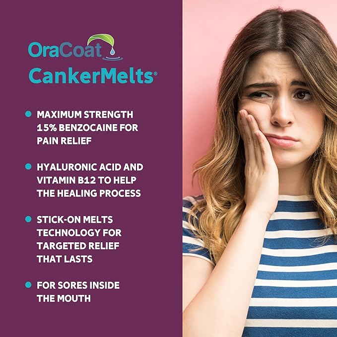 Oracoat CankerMelts Stick-On Melts Canker Sore Treatment for Mouth Sores with 15mg Benzocaine, Hyaluronic Acid & Vitamin E