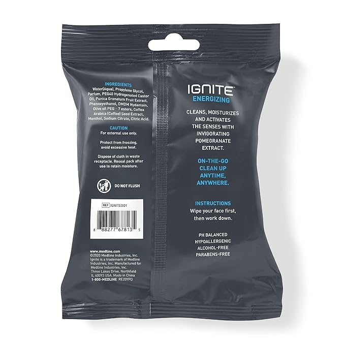 Ignite Mens Body Wet Wipes, Extra Thick 8" x 8" Shower Wipes, Energizing Scent, 10 count