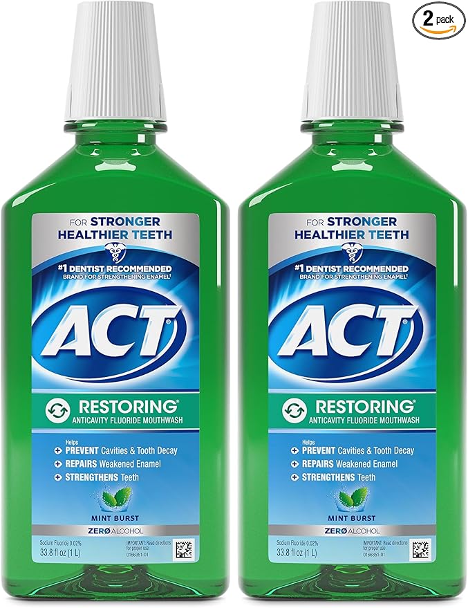 ACT Restoring Zero Alcohol Fluoride Mouthwash 33.8 fl. oz. Strengthens Tooth Enamel, Mint Burst (Pack of 2)