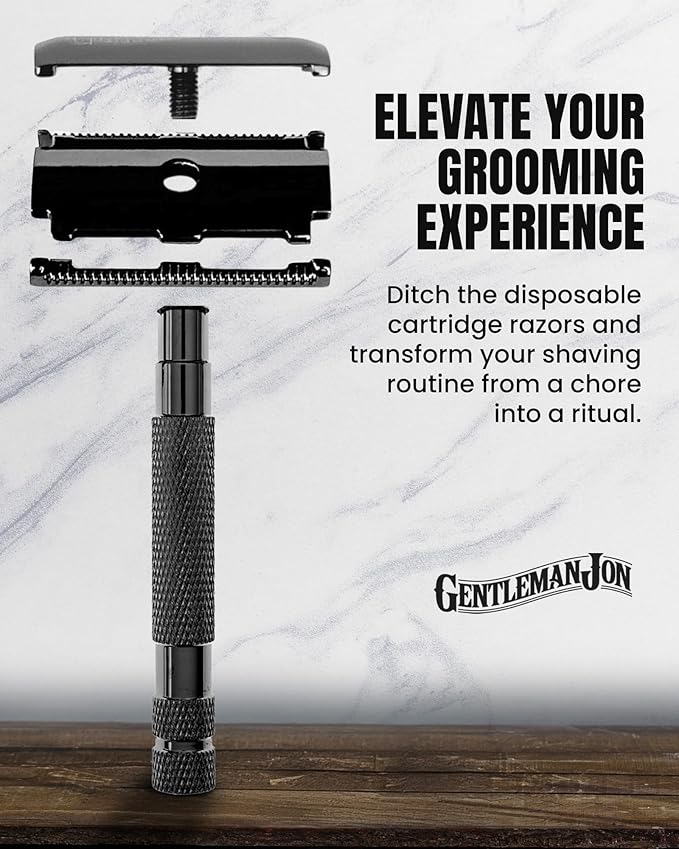 Gentleman Jon Gunmetal Safety Razor for Men, Double Edge Stainless Steel Razor, Precision Shaving with Heavy-Duty Construction, Designed for a Close Smooth Shave, Prevents Irritation, Gunmetal Finish