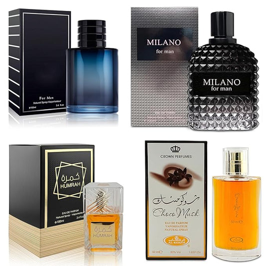 4-Piece Cologne for Men Includes Choco Musk/SE/Humrah/Milano Scent of Woody, Spicy, Citrus & Aromatic eau de parfum Men Gift Set Each 100Ml for Daily Use