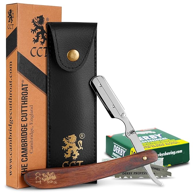 The Cambridge Cutthroat® Cut Throat Razor Kit with Blades & Travel Pouch - Missanda Hardwood & Stainless Steel Professional Barber Shaver Men - Straight Edge Moustache & Beard Shaper