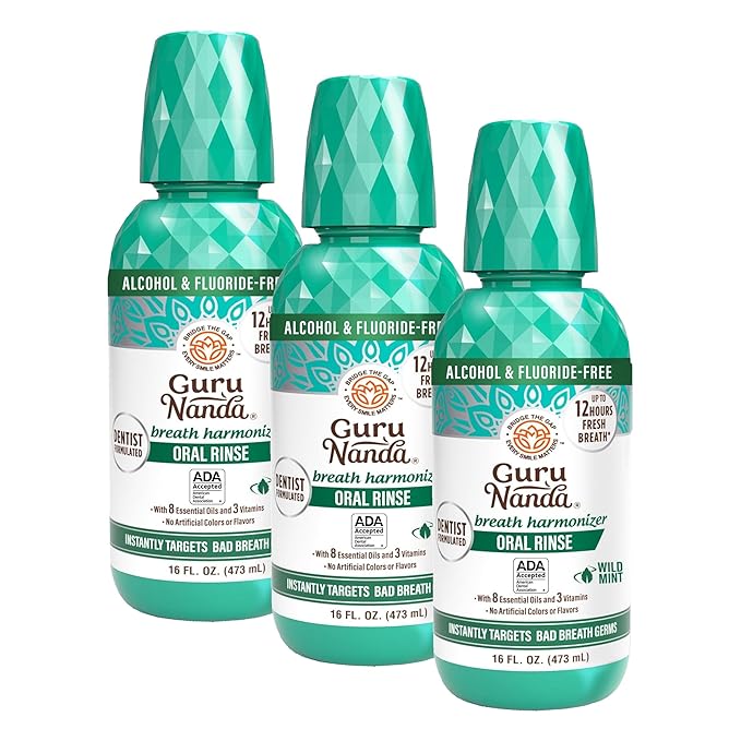GuruNanda Fresh Breath Mouthwash, ADA-Accepted, Alcohol & Fluoride-Free, Sodium Chlorite, Essential Oils & Vitamins, 12-Hrs Fresh Breath, Wild Mint, 16 oz (Pack of 3)