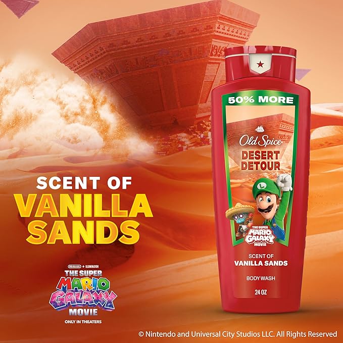 Old Spice Body & Face Wash for Men, x The Super Mario Galaxy Movie, 3X Defense, 24/7 Shower Fresh with Long Lasting Scent, Smell Super with Desert Detour, Vanilla Sands Scent, 24 oz