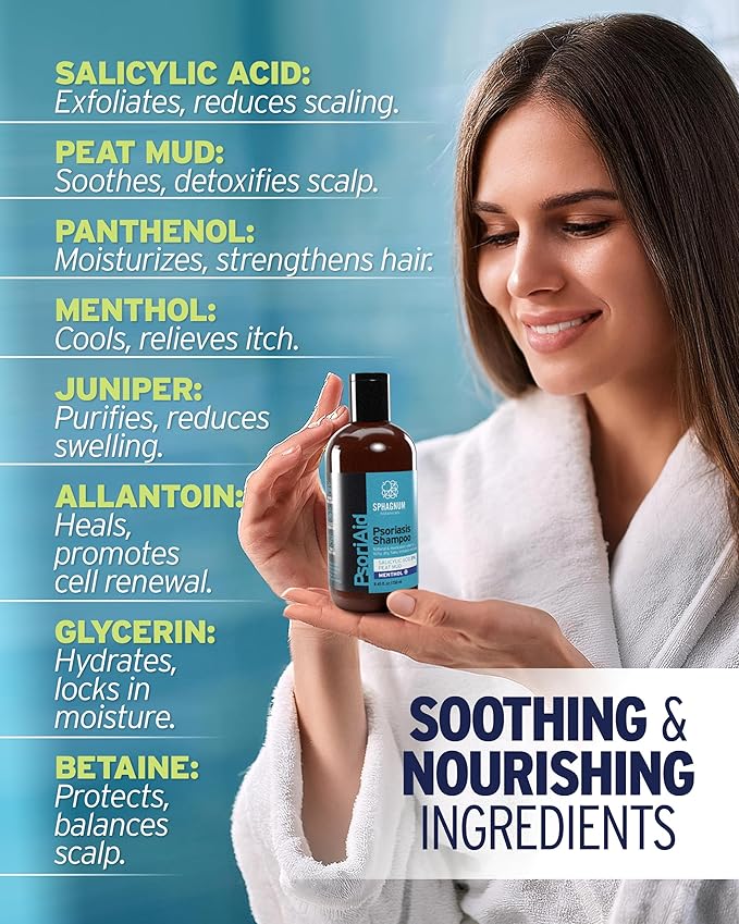 Sphagnum Botanicals Psoriasis Shampoo with Salicylic Acid - Natural Scalp Support for Dry, Itchy, Flaky Scalp with Menthol & Peat Mud – Sulfate-Free, Gentle Formula – 13.5 fl oz
