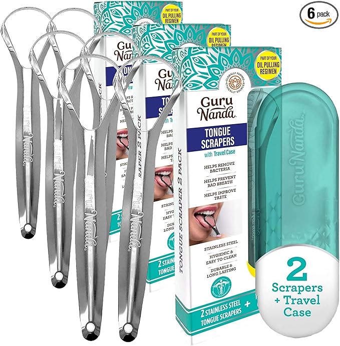 GuruNanda Tongue Scraper for Adults (6 Pack) with Travel Case, 420 Medical-Grade 100% Stainless Steel Tongue Cleaner, Aids in Fresh Breath & Oral Care