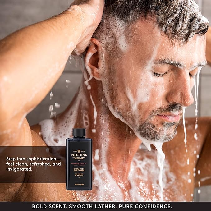 Mistral Men's Body Wash & Shampoo, Bourbon Vanilla 13.5 oz | 2-in-1 Natural Shower Gel for Men | SLS, Paraben & Phthalate Free | Natural Men’s Body Wash, Moisturizing Bath Gel - Made in France