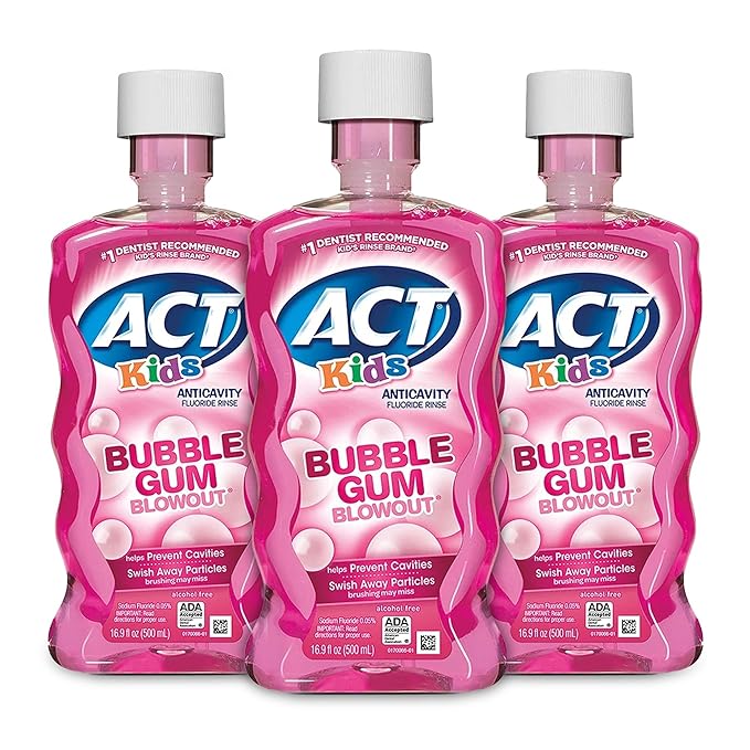 ACT Kids Anticavity Fluoride Rinse for Bad Breath Treatment, Bubble Gum Blowout, 16.9 fl. oz. (Pack of 3)