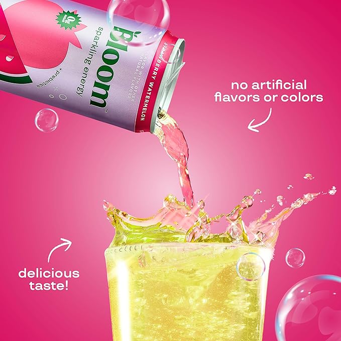 Bloom Nutrition Sparkling Energy Drink, Zero Sugar, 180mg Caffeine | Strawberry Watermelon | 12oz | 24 Pack | Antioxidant-Rich