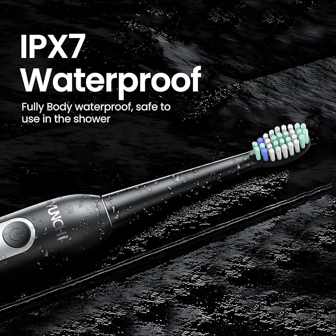 YUNCHI Electric Toothbrush for Adults, Kids Electric Toothbrush,Rechargeable Toothbrushes with 8 Brush Heads, Travel Case, 2 Min Timer, IPX7 Waterproof, 5 Modes, Black