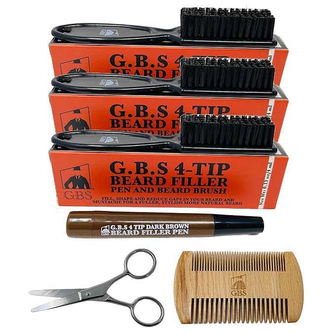 Beard Filler Pencil for Men Waterproof Beard Pen and Beard Brush Long Lasting Natural Look, Mustache Repair Shape, Define and Style Facial Hair Trimming Scissors, Wooden Beard Comb (Brown Pack of 3)