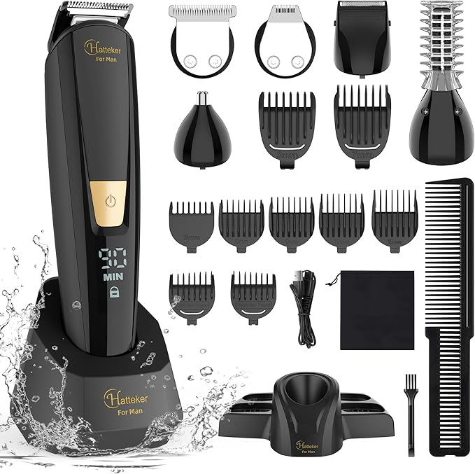 Hatteker Mens Body Hair Beard Trimmer Groin Trimmer Mens Grooming Kit Electric Razor Body Shaver Waterproof 6 in 1