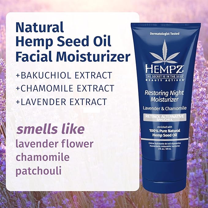 Hempz Lavender & Chamomile Restoring Night Moisturizer - Hydrating Night Cream Rich with Minerals, Vitamin C, & Hempseed Oil to Hydrate & Repair Extremely Dry or Sensitive Skin, for Face & Body, 3 Oz