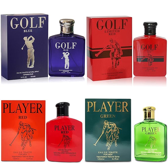 Men's Cologne Gift Set 4 Pack(Golf Blue,Golft Limited Red,Player Green,Player Red)- 3.4 Fl Oz Each | Vanilla Bourbon, Leather & Amber Floral Fragrance | Luxury Eau de Toilette