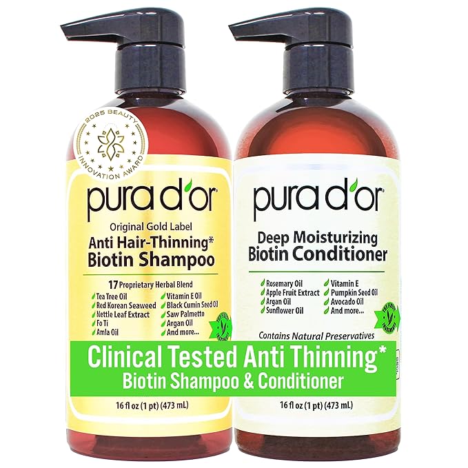 PURA D'OR Anti-Thinning Biotin Shampoo & Conditioner Original Gold Label Set (16oz x2) – CLINICALLY TESTED Formula for Volume, Strength & Thicker-Looking Hair – Helps Reduce Breakage For Women & Men