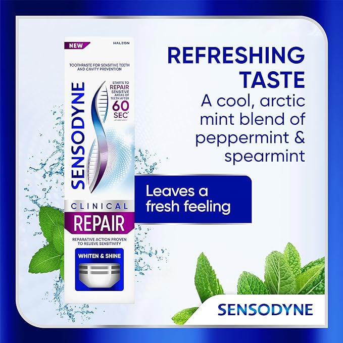 Sensodyne Clinical Repair Whiten & Shine Toothpaste for Sensitivity Relief, 3.4 oz (3 Pack)