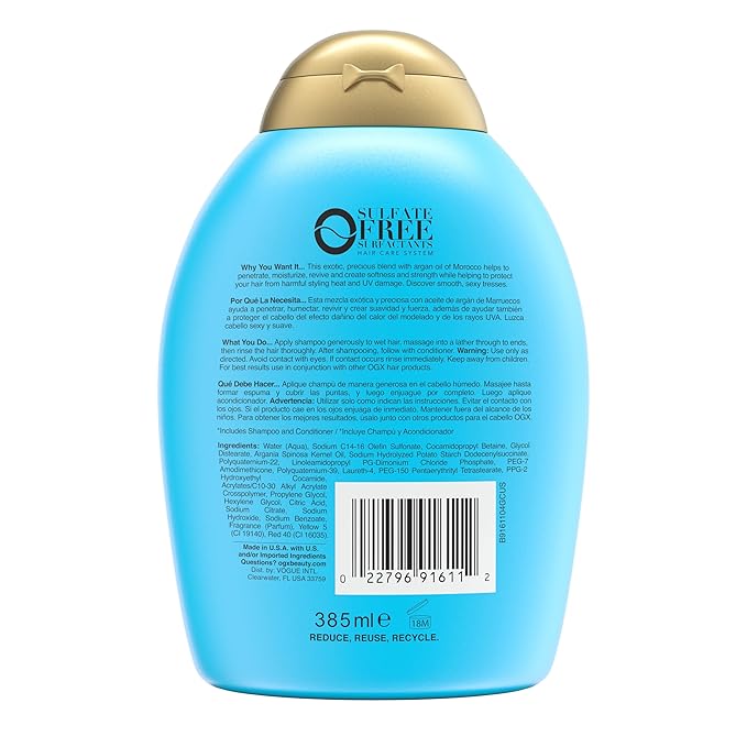 OGX Renewing +Cold-Pressed Argan Oil of Morocco Hydrating Hair Shampoo, Help Moisturize, Soften & Strengthen Hair, Paraben-Free with Sulfate-Free Surfactants, 13 fl oz (Pack of 2)