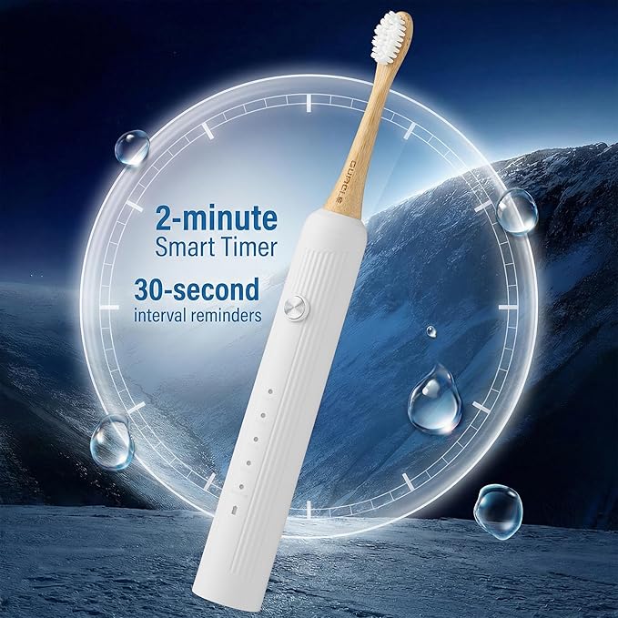 Bamboo Electric Toothbrush for Adults, Electric Toothbrush with 4 Bamboo Heads, Soft Castor Oil Bristles, 5 Modes, Smart Timer, Sonic Technology, IPX7 Waterproof, 70-Day Battery Life-White