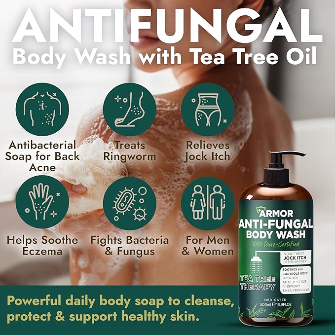 Terramed Just Think Comfort Antifungal & Antibacterial Soap & Body Wash with Tea Tree Oil | Treats Ringworm, Back Acne, Eczema & Jock Itch | Antibacterial Body Soap For Men And Women (16.9 oz)