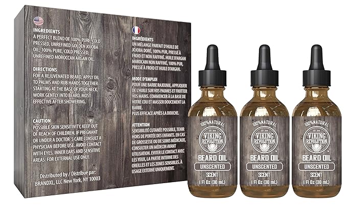 Viking Revolution Beard Oil for Men - Unscented - Natural Mens Beard Oil with Argan Oil and Jojoba Oil - Beard Softener, Strengthens and Moisturizes - Beard Conditioner for Men (3 Pack, 3 Fl Oz)