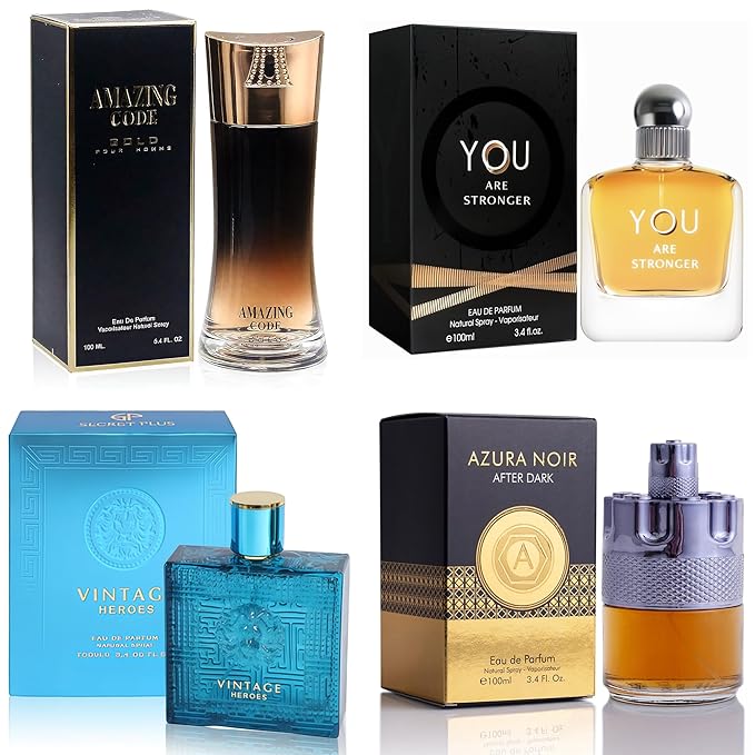 META-BOSEM Mens Cologne Set, EDP, 4 Pack (3.4 oz / 100 mL), AzuraAD, Vintage Heros, Amazing Code Gold, YOU ARE STRONGER, Modern Fresh Blue, for workdays to weekends