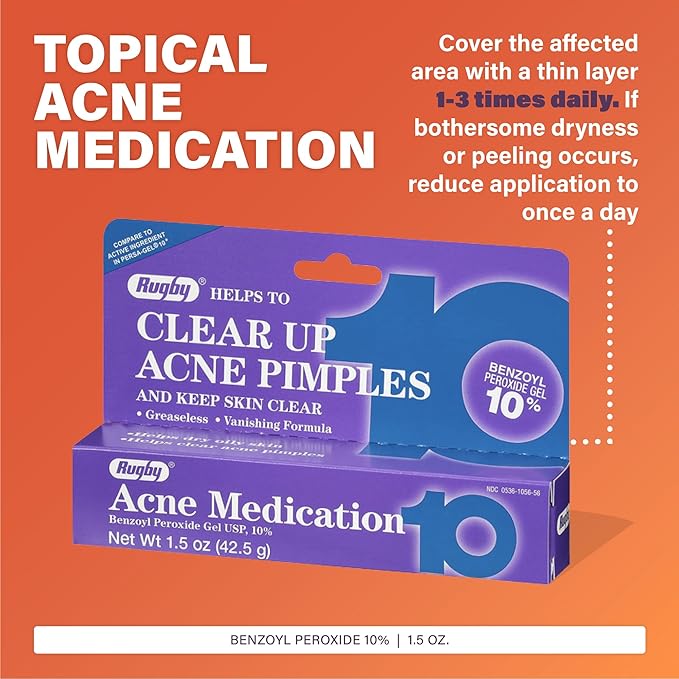 Rugby Acne Medication Benzoyl Peroxide Gel USP, 10% - Clear Up Acne Pimples - Greaseless, Vanishing Formula - 1.5 Oz (42.5g) - 1 Pack