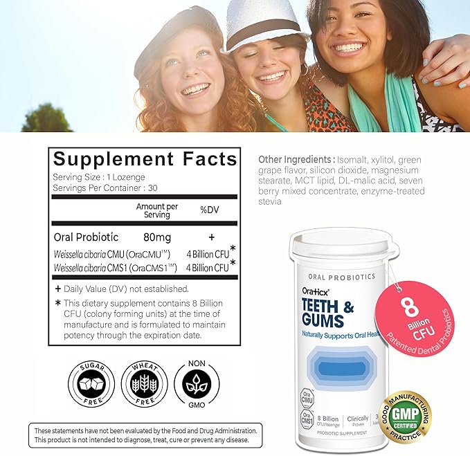 OraTicx Teeth & Gums Oral Probiotics, 8 Billion CFU - Naturally Supports Oral Health, Fresh Breath, and Immunity, Dental Probiotic Supplement, Grape Flavor 30 Lozenges 2-Pack