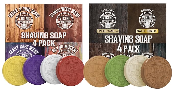 Viking Revolution Shaving Soap for Men 4 Pack Variety Vanilla, Bergamot, Tobacco, Oud (2.5 Oz each) and Shaving Soap 4 Pack Variety Sandalwood, Clary Sage, Cedar, Bay Rum (2.5 Oz each) - Wet Shave
