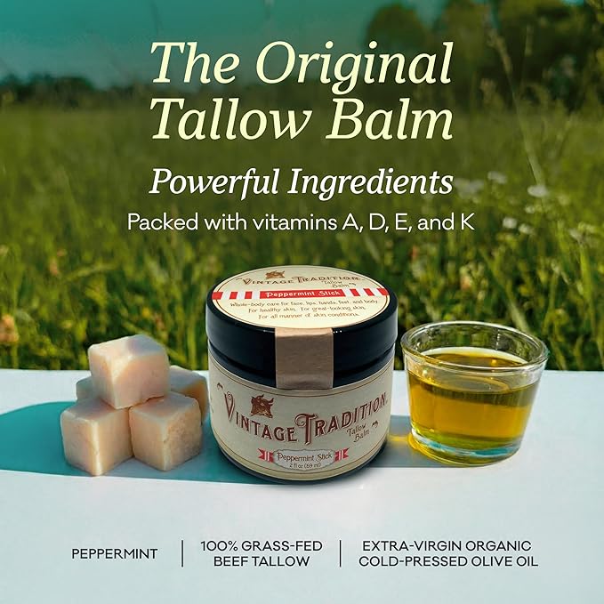 Vintage Tradition Beef Tallow All Purpose Balm - Healing, Hydrating Peppermint Skin Care Salve Replaces Body Lotion, Hand Cream, More - Essential Oil, Olive Oil, and Grass-Fed Tallow, 2 fl. oz.
